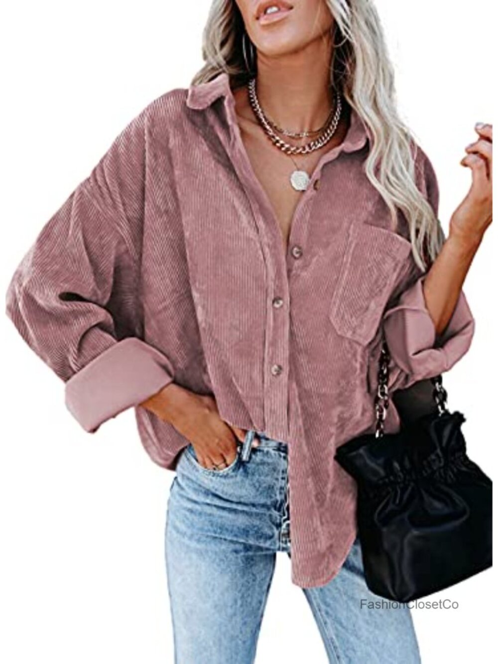 Womens Corduroy Button Down Shirt Boyfriend Oversized Long Sleeve Blouse